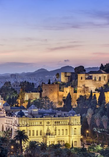 Malaga, Spain cityscape at the Cathedral, City Hall and Alcazaba citadel of Malaga.