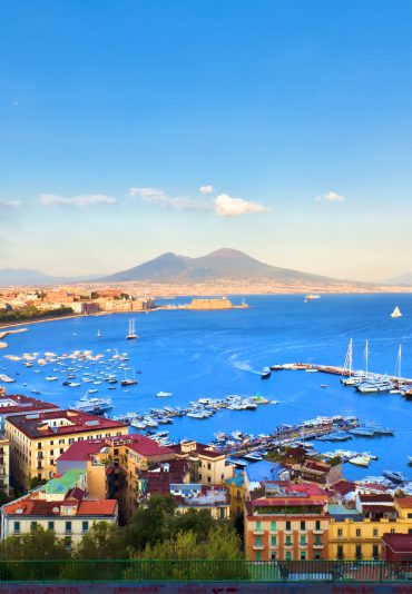 Panorama of Naples, view of the port in the Gulf of Naples, the Egg Castle, and Mount Vesuvius